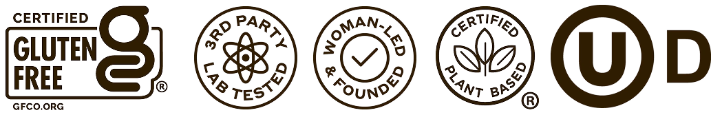 Gluten free, 3rd party lab tested, woman-led and founded, vegan and Kosher marks